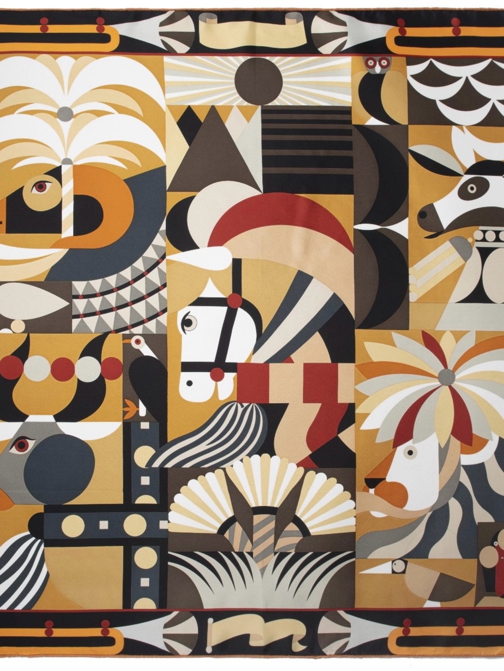 Graphic Mosaic Silk Scarf in Mustard, Black & Cream